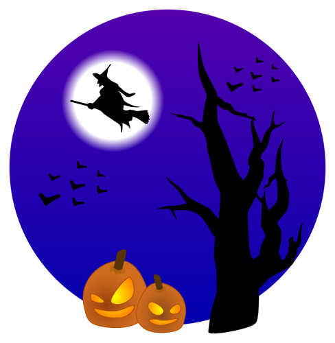 Halloween scenery with witch vector drawing