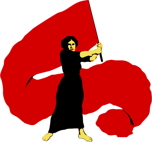 Ilustracja wektorowa proletariackiej kobiety fale czerwona flaga