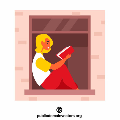 Nainen lukemassa kirjaa ikkunasta