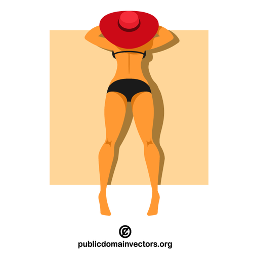 Wanita dengan topi merah berjemur