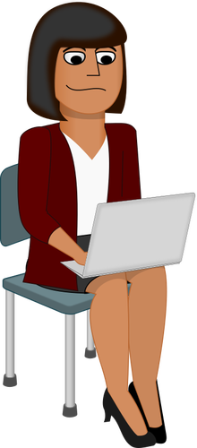 Vector graphics of young woman cartoon character using a laptop computer