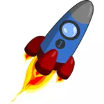 Roket biru dan merah dengan mesin dinyalakan vektor grafis