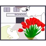Öğrenci öğretmen vektör çizim çiçek verir