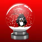 Pingviini lumisadepallossa punaisella taustavektoripiirroksessa