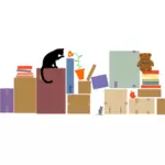 Vektorové ilustrace, kočka, myš a teddy mezi balené krabice