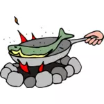 طهي الأسماك على رسومات متجه طنجرة التخييم