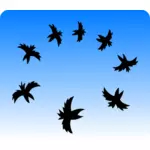Svartvit illustration av en liten kråkorna flyger