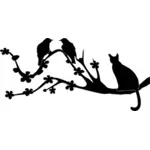 Chat et oiseaux sur branche