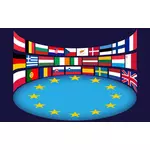 Grafica delle bandiere degli Stati dell'UE nei dintorni di stelle luminose