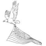 अमेरिकी ध्वज के साथ उड़ान में शिकार के पक्षी के वेक्टर लाइन कला चित्रण