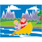 女の子と男の子の牧歌的な風景でカヌー