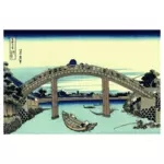 Gambar vektor Fuji dilihat melalui jembatan: kelompok pria di Fukagawa