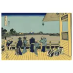Vector illustration of men and women looking at Mount Fuji from a terrace