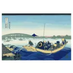 Ilustração em vetor do pôr do sol sobre Ryogoku ponte de embankmnet a Onmaya
