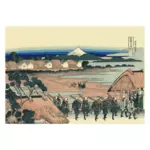 Гора Фудзи видно из Senju по всей улице цветы Yoshiwara векторные картинки