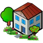 Vector de dibujo de la casa con árboles de la familia