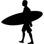 Mies, joka kantaa surffilautaa siluetti