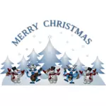 Muñeco de nieve y bailando raindeer con tarjeta de felicitación de Navidad de guitarra vector illustration