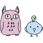 Baykuş ve iki kuş çizim karikatür