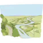 Desenho do rio que flui por campos verdes