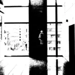 वेक्टर क्लिप आर्ट काले और सफेद में दृश्य के अंदर आधुनिक भवन के