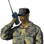Soldat avec walkie talkie radio de dessin vectoriel