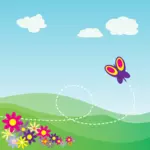 Motýl letí v oblasti květin vektorový obrázek