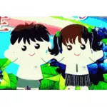 Two happy kids in nature vector illustration