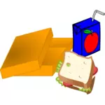 Gambar vektor kotak makan jeruk dengan sandwich dan jus