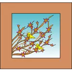 Желтые птицы в ветви деревьев с изображением цветов
