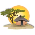 アフリカの小屋のある風景のベクトル描画