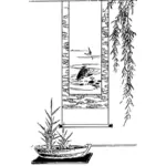 Asiatice plante şi perete ilustrare arta alb-negru