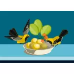 Illustrazione vettoriale di due piccoli uccelli mangiare fuori un piatto