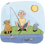 लड़का और बिल्ली मछली पकड़ने वेक्टर ड्राइंग