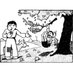 Vector afbeelding van jongen valt van boom