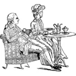 Vektor ilustrasi pria dan wanita yang duduk di sekitar meja
