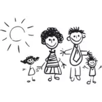 Svart-hvitt barneklubb tegning av en familie