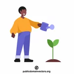 Садовник поливает растение
