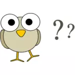 Vector de dibujo de pájaro divertido cartoon gris con ojos grandes y algunos signos de interrogación