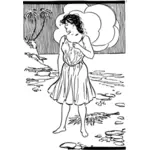 Ilustraţie vectorială de doamna in rochie tropicale de pe insula