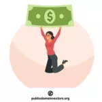 Mujer feliz con el billete de dólar