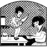 Wektor rysunek z dzieckiem na tabeli oglądanie mama gotować