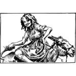 Vektor gambar wanita yang duduk di atas seekor keledai mundur