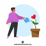 Человек поливает растение сердца