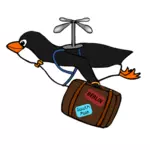 Penguin flying with a suitcase illustration
