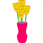 Vector illustration of four smiling flowers in a vase