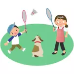 Mutter spielt Badminton mit Sohn und Hund