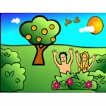 Adam & Ewa w ilustracji wektorowych ogród dekoracje