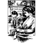 Piirros naisesta ompelemassa olohuoneessa poikansa vieressä