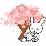 Ilustración vectorial de conejo de cerezos en flor